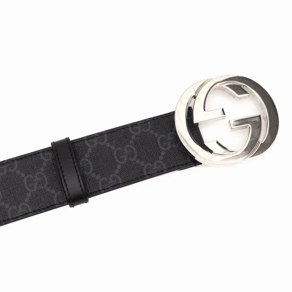 510$ GUCCI Men’s GG Supreme Interlocking G Buckle Black Grey Belt Size 80/32